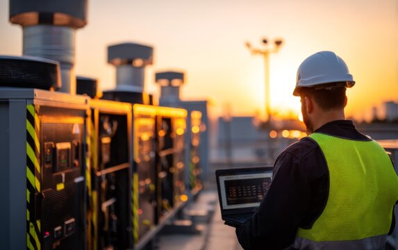 Rooftop Energy Monitoring System with Battery Storage at Sunset