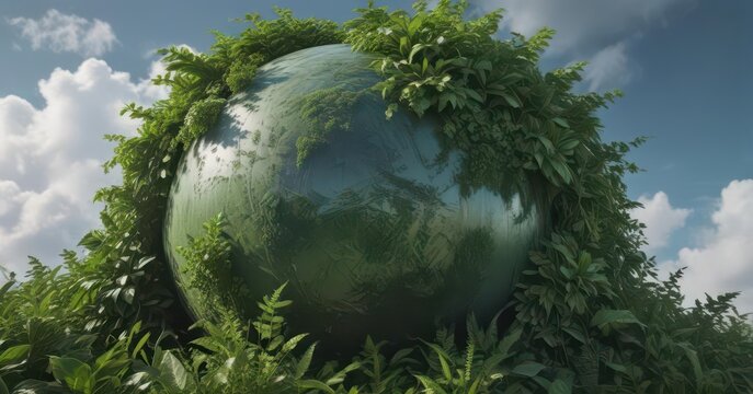 a large sphere of lush greenery with leaves and stems against a cloudy sky ,  leafy,  spherical,  foliage