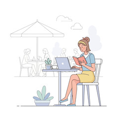 Fototapeta premium Young woman reading book at outdoor cafe with laptop.