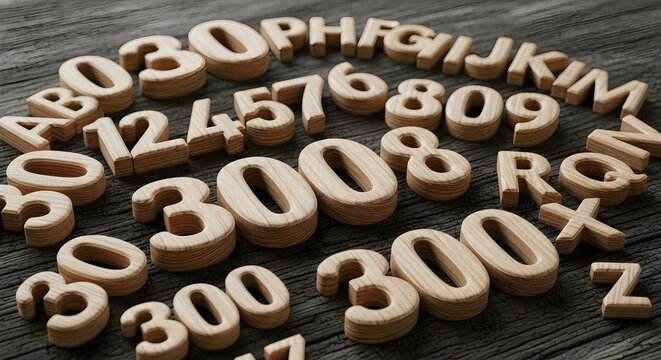 3D Textured Concrete Letters and Numbers on Dark Wood