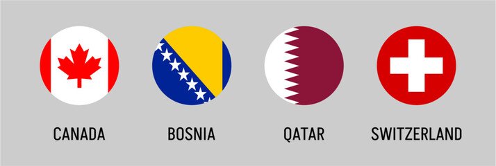 Obraz premium Canada Bosnia and Herzegovina Qatar Switzerland flags in circular badge set, national emblem collection, international country icons, global identity vector illustration