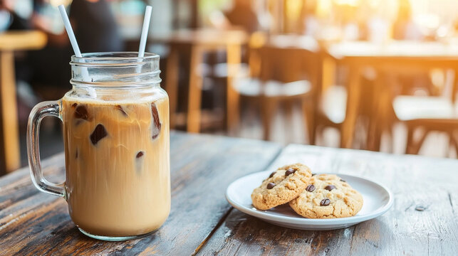 Iced coffee with straws and chocolate chip cookies on a wooden table at a sunny cafe