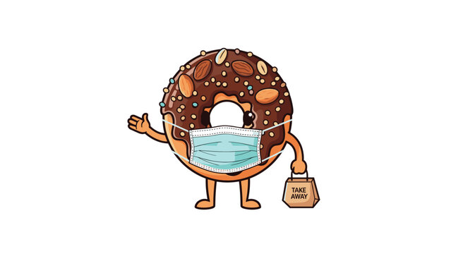 Chocolate donut character wearing a protective face mask and holding a takeaway bag representing food delivery services during pandemic.