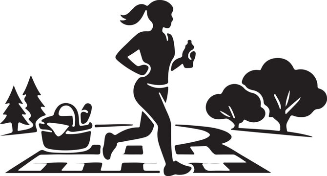 Minimal jogger silhouette with ponytail, holding water bottle, tree line path.