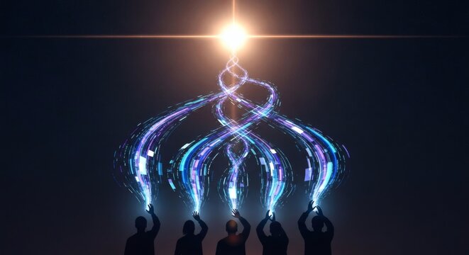 People connecting digital energy streams to a bright light source
