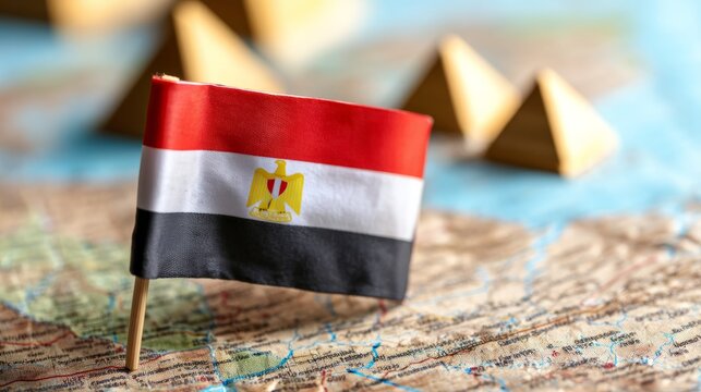 Detailed View of Egypt Flag with Pyramids and Nile River in Background