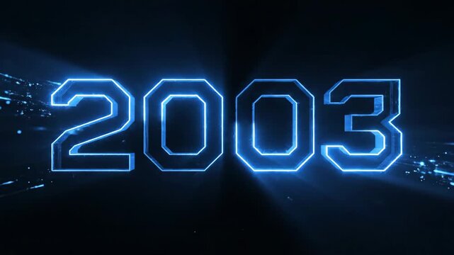 Glowing blue neon number 2003 on a dark background for anniversary or historical celebration.