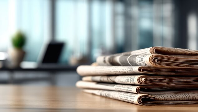 Stack of Newspapers on a Wooden Table in a Modern Office Setting.