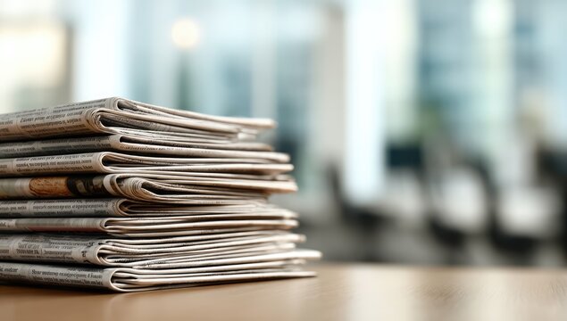 Stack of Newspapers on a Wooden Table with Blurred Background.