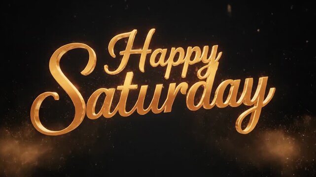 Happy Saturday greeting in elegant 3D gold lettering with sparkling particles on a dark background.