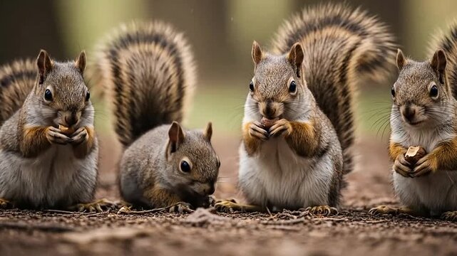 four squirrels eating on the ground.