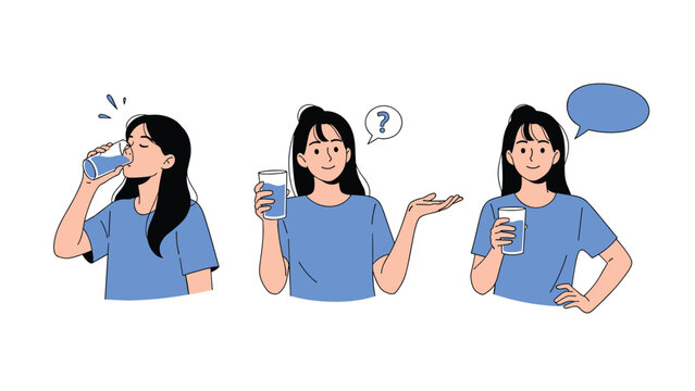 Young woman shown in three poses holding and drinking glass of water with thought bubble and question mark symbols for hydration.