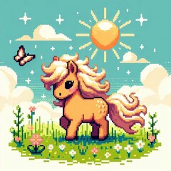 Obraz premium Cute Pixel Art Pony in Sunny Meadow Landscape