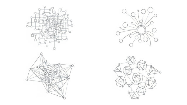Abstract network structures and geometric shapes on a white background