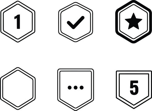 Set of vector icons featuring hexagonal and shield shapes with numbers, symbols, and markers. Vector