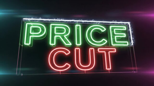Glowing neon sign displaying price cut and discount promotion for retail shopping and sales events.