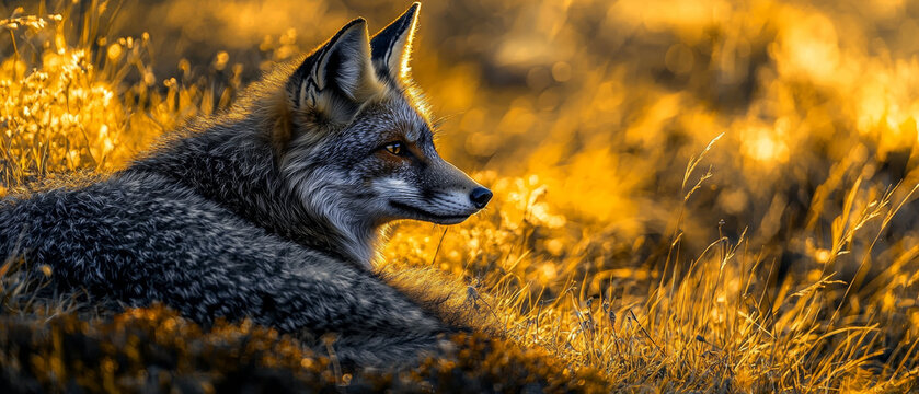 Majestic fox with detailed fur rests in a vivid golden meadow, bathed in warm, luminous sunlight