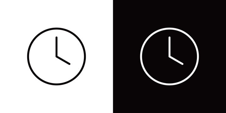 4時を指す丸い掛け時計のラインアイコン。白い線と黒い線のモノクロベクターイラスト