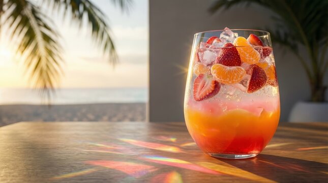 A refreshing glass of fruit cocktail with strawberries and oranges on a wooden table overlooking the ocean at sunset