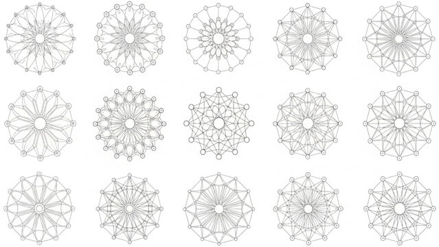 Geometric patterns and mandala designs with intricate symmetrical line art formations