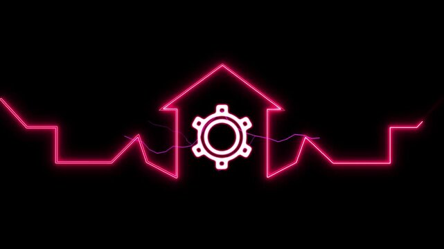 Home icon house sign neon lights animation with up arrow setting gear maintenance icon.laptop, home office, client meeting, self-employed, graphic designer and more,