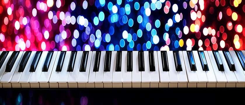 Black and white piano keys beneath a dynamic background of red, blue, purple, and yellow bokeh lights