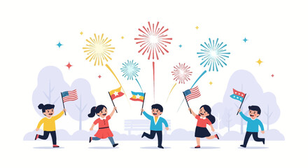Fototapeta premium Diverse children celebrating with flags and fireworks, symbolizing unity and freedom