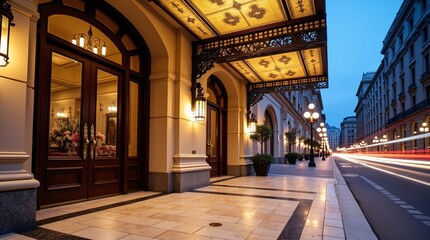 Obraz premium An elegant, ornate hotel entrance at twilight, featuring a gilded decorative awning, warm wall lamps, and a grand wooden doorway, with a historic city street and light trails from passing cars in the 