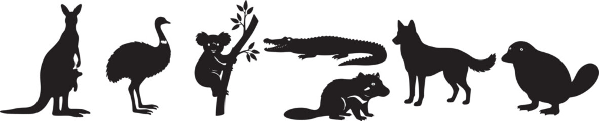 black silhouettes of various wild animals standing in a row © GraphicGrove