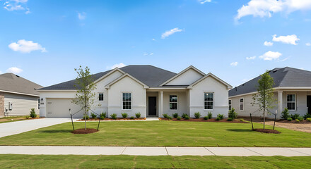 Fototapeta premium Modern White House with Gray Roof and Green Lawn