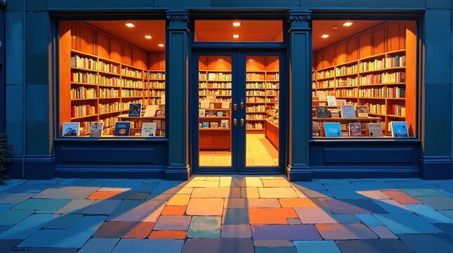 A charming, warmly lit independent bookstore exterior at dusk, with a deep blue facade, glass doors, and floor-to-ceiling bookshelves visible through large windows, set on a colorful tiled sidewalk.