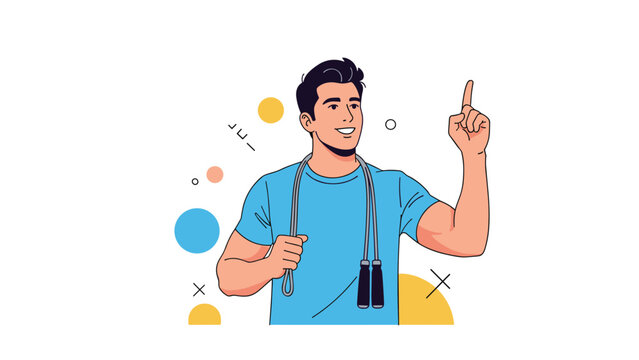 Smiling athletic man with a jump rope around his neck pointing upwards with one finger against an abstract background with colorful circles.