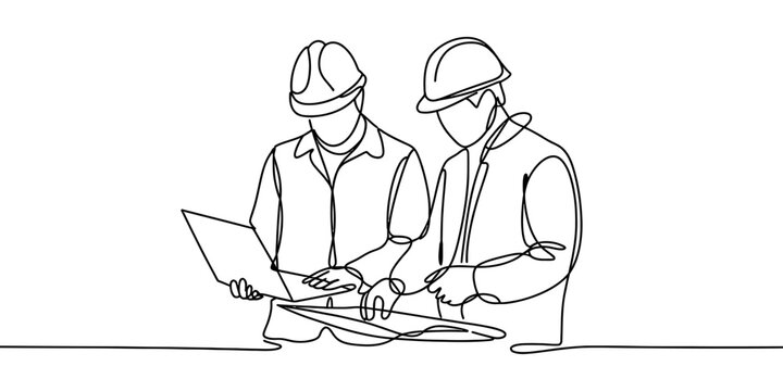 A single continuous line drawing of two engineers working together on a construction project plan Vector, illustration