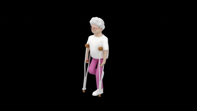 An elderly woman with underarm crutches walking slowly with one bent leg, for rehabilitation, mobility, and senior healthcare concepts. 3D render with alpha channel