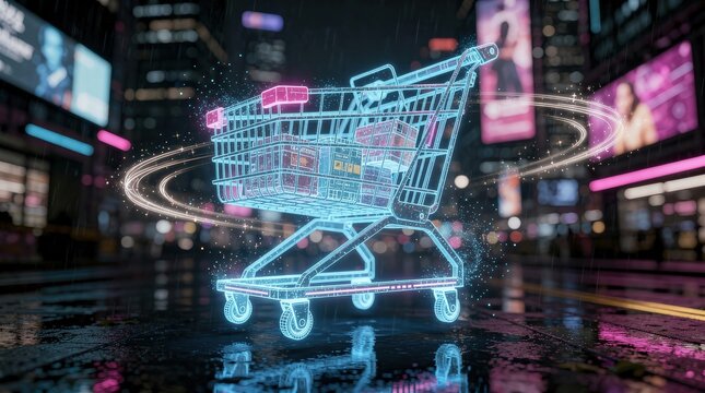 A futuristic neon shopping cart with digital effects glows on a rainy city street filled with vibrant lights and billboards.