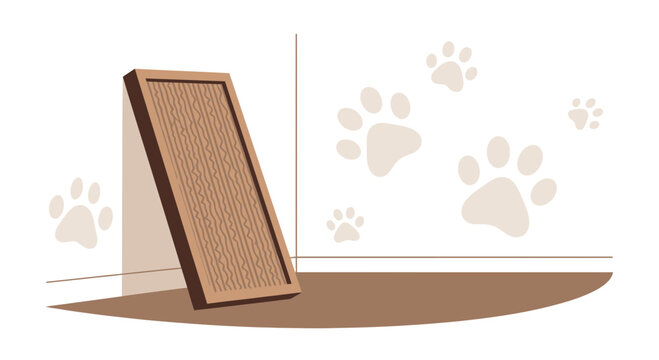Cat Scratching Post Leaning Against Corner Wall with Paw Prints Decoration