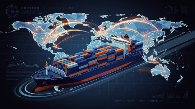 A digital illustration of a cargo ship transporting containers across a world map with interconnected trade routes highlighted.