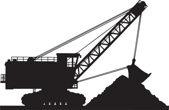 Black Silhouette of a Heavy Duty Mining Excavator and Dirt Pile