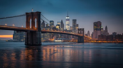 Fototapeta premium The Brooklyn Bridge illuminated at dusk spans the East River with the New York City skyline glowing in the background.