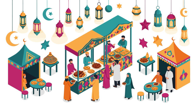 Isometric Ramadan night market vector, Islamic street food festival with people and lanterns, traditional Muslim bazaar for Iftar and Eid celebration