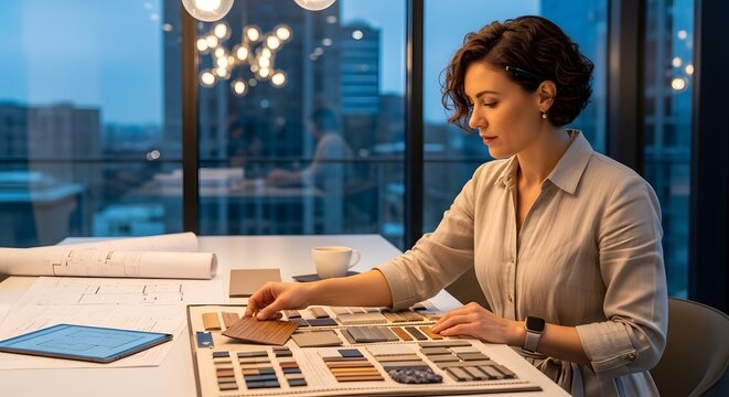 Woman Interior Designer Selecting Wood Samples in Office