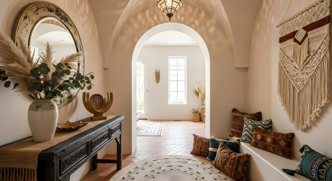 Warm Boho Entryway with Arched Passage
