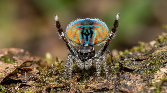 Vibrant Peacock Spider Displaying Colorful Abdomen on Mossy Ground.