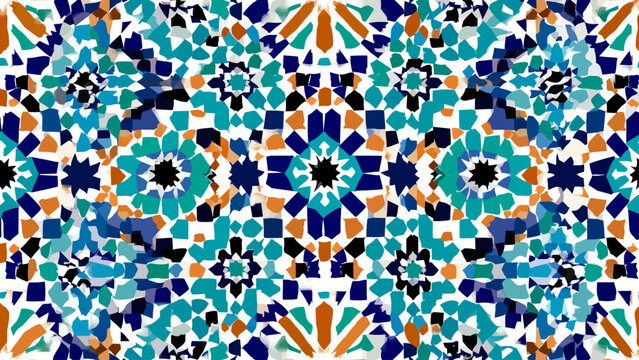 Moroccan zellige seamless pattern vector, traditional islamic geometric tile background, blue and orange arabesque mosaic ornament for textile