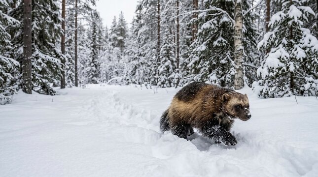 Wolverine walking through a snowy forest during winter.