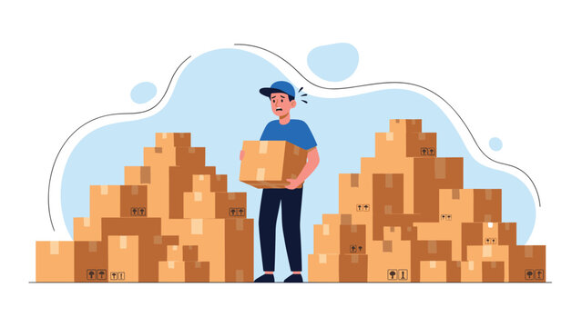 Stressed warehouse worker standing among piles of cardboard boxes feeling overwhelmed by the heavy workload today.