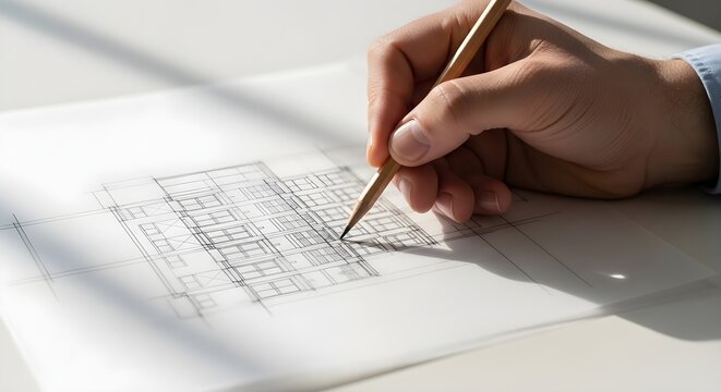 Embracing Human-Made ingenuity and Authenticity, an architect meticulously drafts detailed blueprints, showcasing creative precision