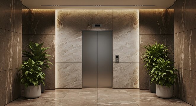 Elegant elevator lobby a modern interior design with marble and warm lighting