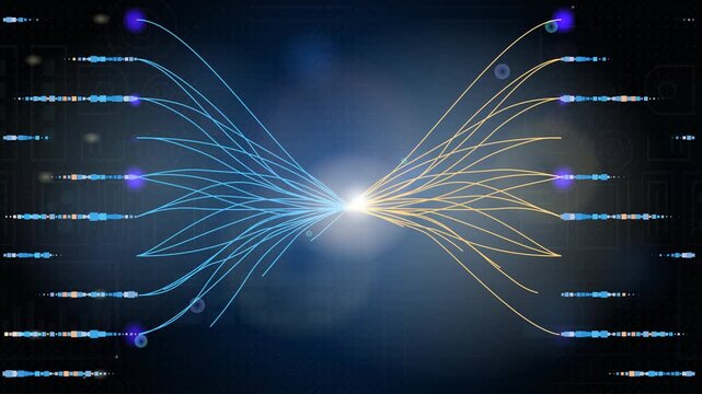Big Data Flow. Moving banner with flow of vast information, complex algorithms, and interconnected systems. Modern cloud storage technologies. Realistic graphic animated footage