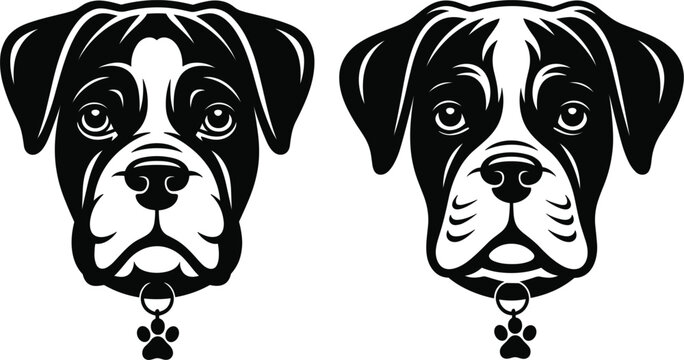Dog face silhouettes set, boxer breed head vector illustration black and white design